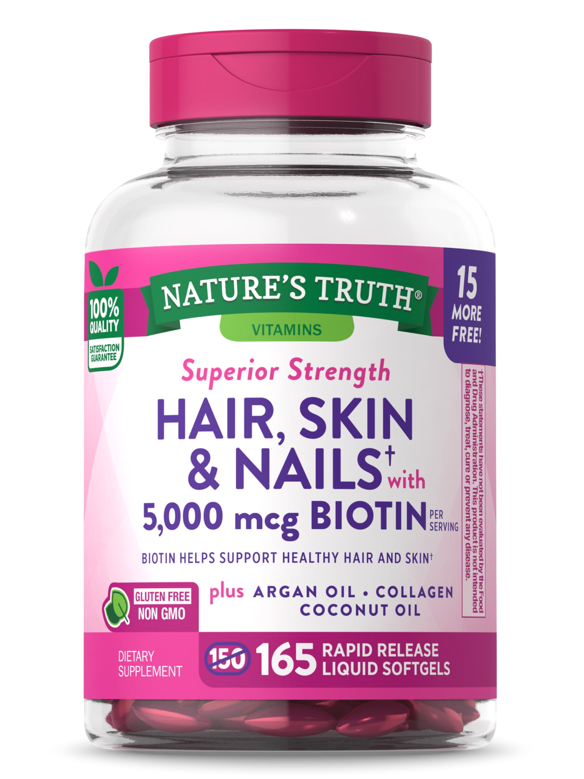 Hair Skin and Nails Vitamins | 165 Softgels | Extra Strength | Plus Biotin,  Collagen, Argan Oil and Coconut Oil | Non-GMO and Gluten Free Supplement |  by Nature's Truth 