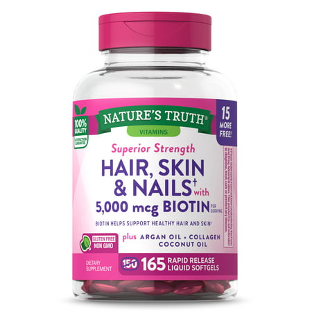 Hair Skin and Nails Vitamins | 165 Softgels | Extra Strength | Plus Biotin, Collagen, Argan Oil and Coconut Oil | Non-GMO and Gluten Free Supplement | by Nature's Truth