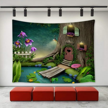 Wooden Tree Wall Art CADecor Tree Tapestry Wall Hanging Beautiful Fantasy Forest Tree House with Wooden Door Flowers Pond Wall Art Home Decoration Wall Tapestries for Bedroom Living Room College Dorm Decor 60x90 inch ()