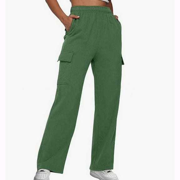 Women's Solid Casual Cargo Pants Straight Wide Leg Pants Pull-on High Waist Trousers with Multi-pocket Fall Winter Attire