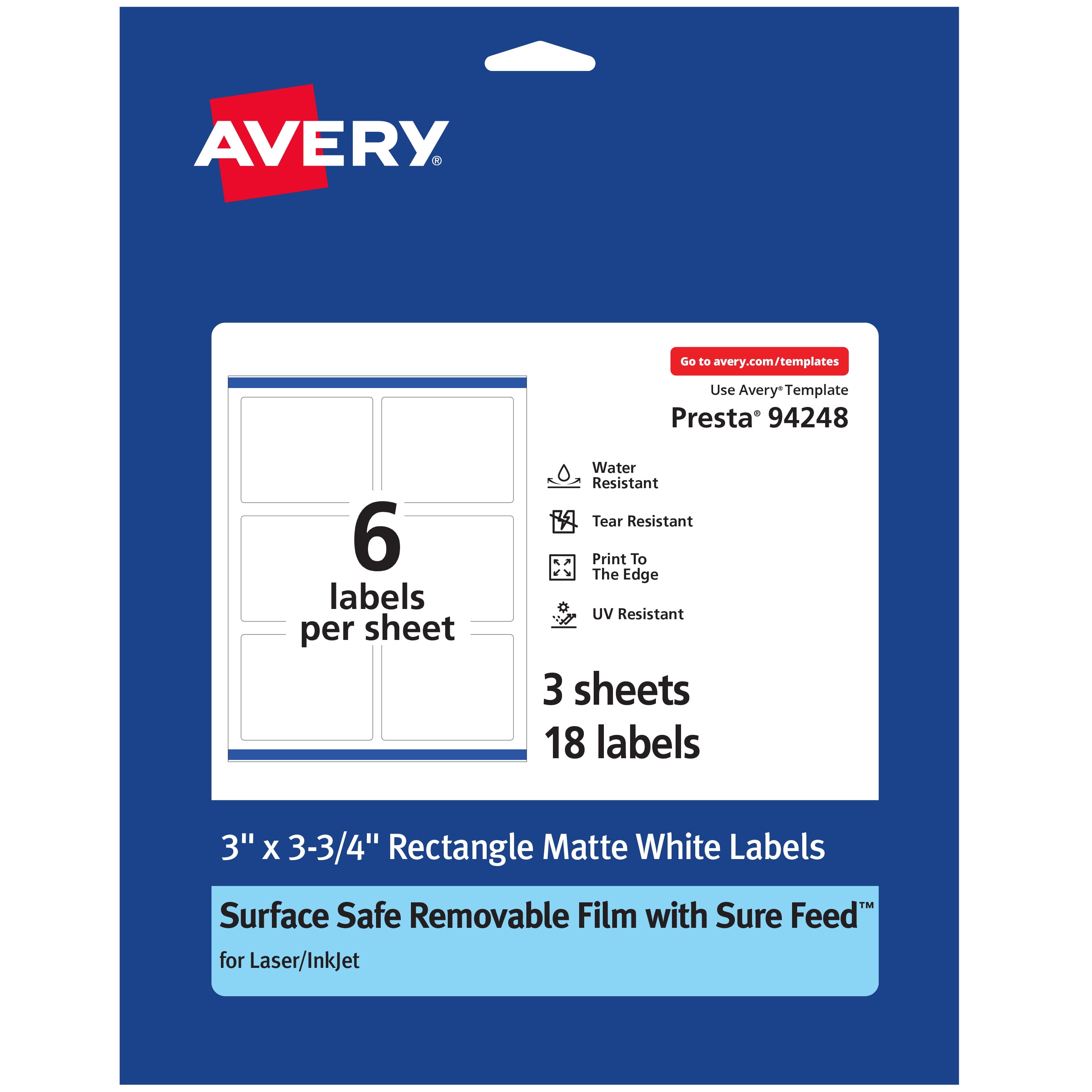 Avery Rectangle Labels with Sure Feed, 3' x 3-3/4', 18 White Labels, Print-to-the-Edge, Surface Safe Clean Removable Label Adhesive, Laser/Inkjet Printable Labels