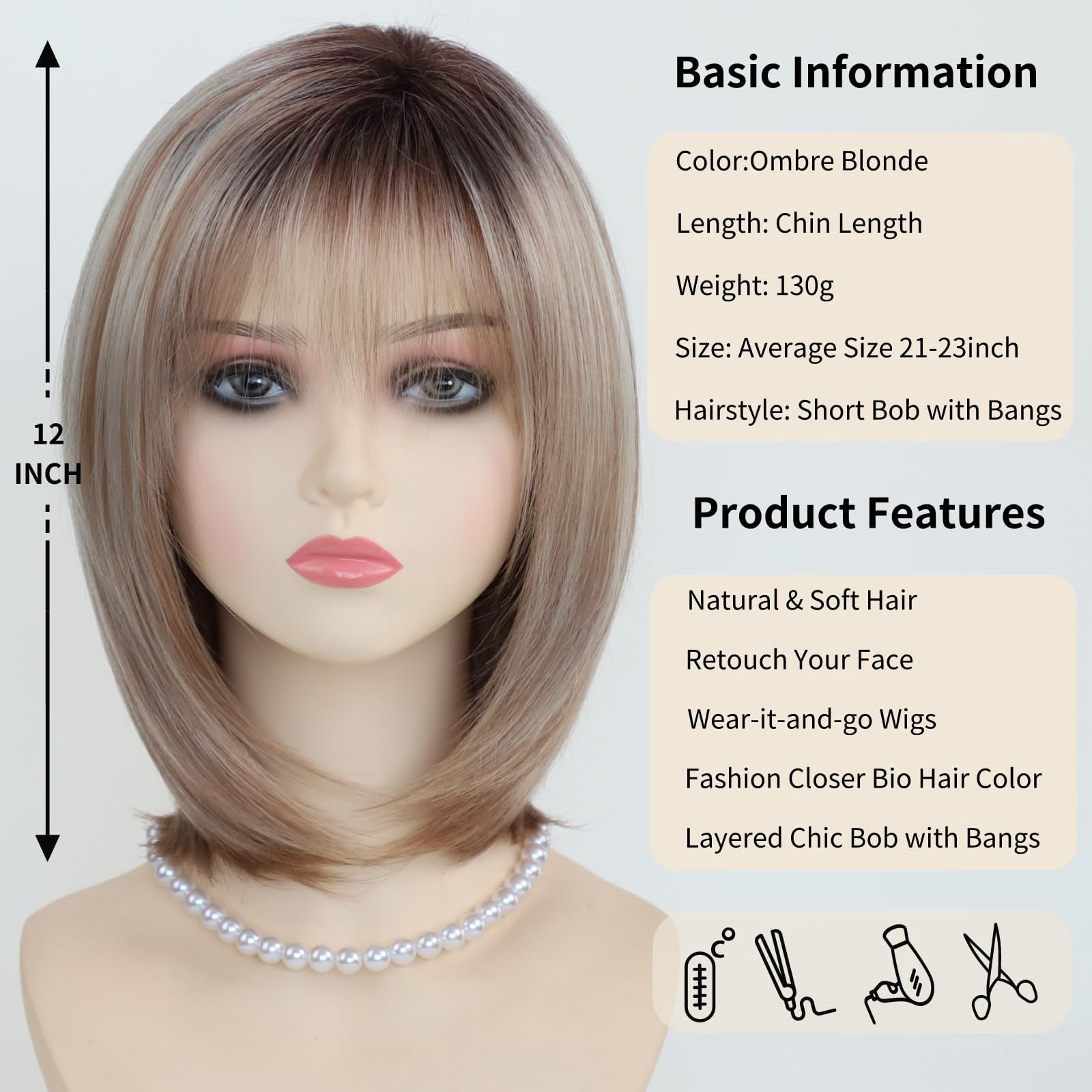 Layered Blonde Balayage Bob Wig for Women Medium Length Straight Synthetic Hair with Bangs Ombre Platinum Brown