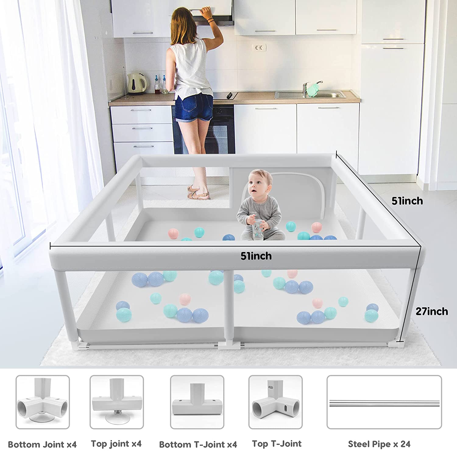 Ajulkrio Baby Playpen for Babies and Toddlers, Play Fence Gate Play Pen for Unisex Kid Grey 50x50x27 inch