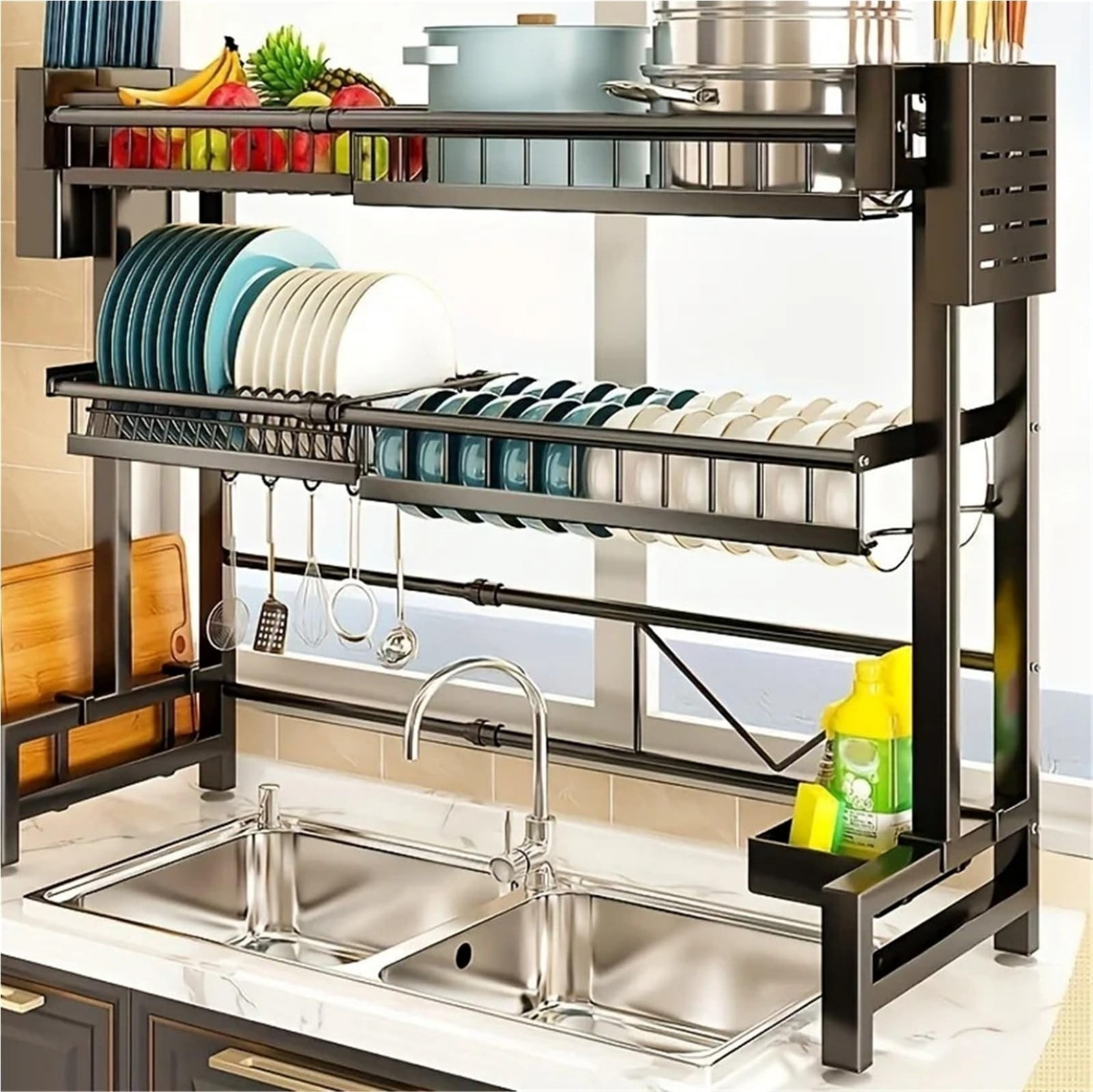 Adjustable Expandable Metal Sink Organizer with Drip Tray & Utensil Holder, Kitchen Counter Dish Rack Storage for Sink, Black