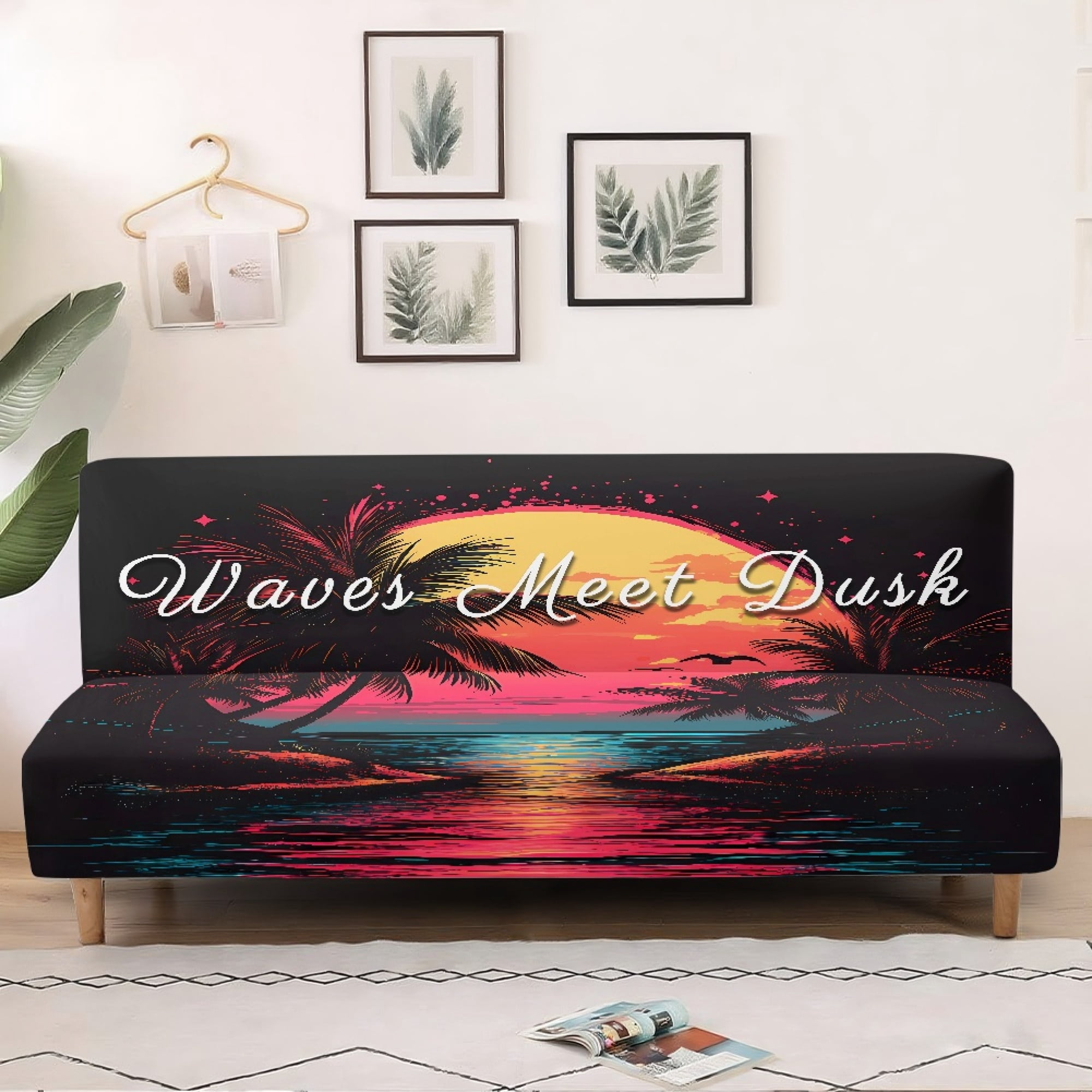 ZIATUBLES Beach Sunset Stretch Sofa Slipcover Armless Futon Cover Full Queen Size Furniture Protector Elastic Polyester Spandex Folding Couch Shield Sofa Cover
