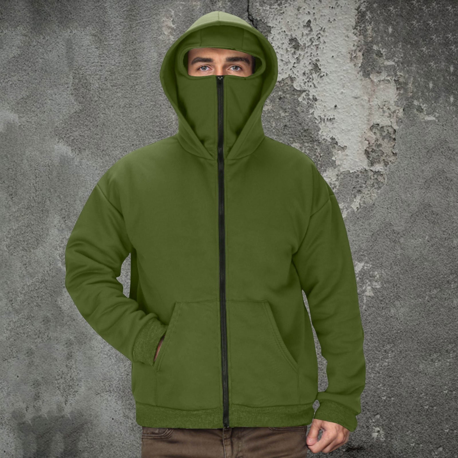 Mens Balaclava Hoodie Winter Double Hooded Zip Jacket Loose Fit Zip Up Fashion Hoodies Jacket Fleece-Lined Hoodie with Built-In Balaclava Wind-Resistant Streetwear Sweatshirt with Ski Mask