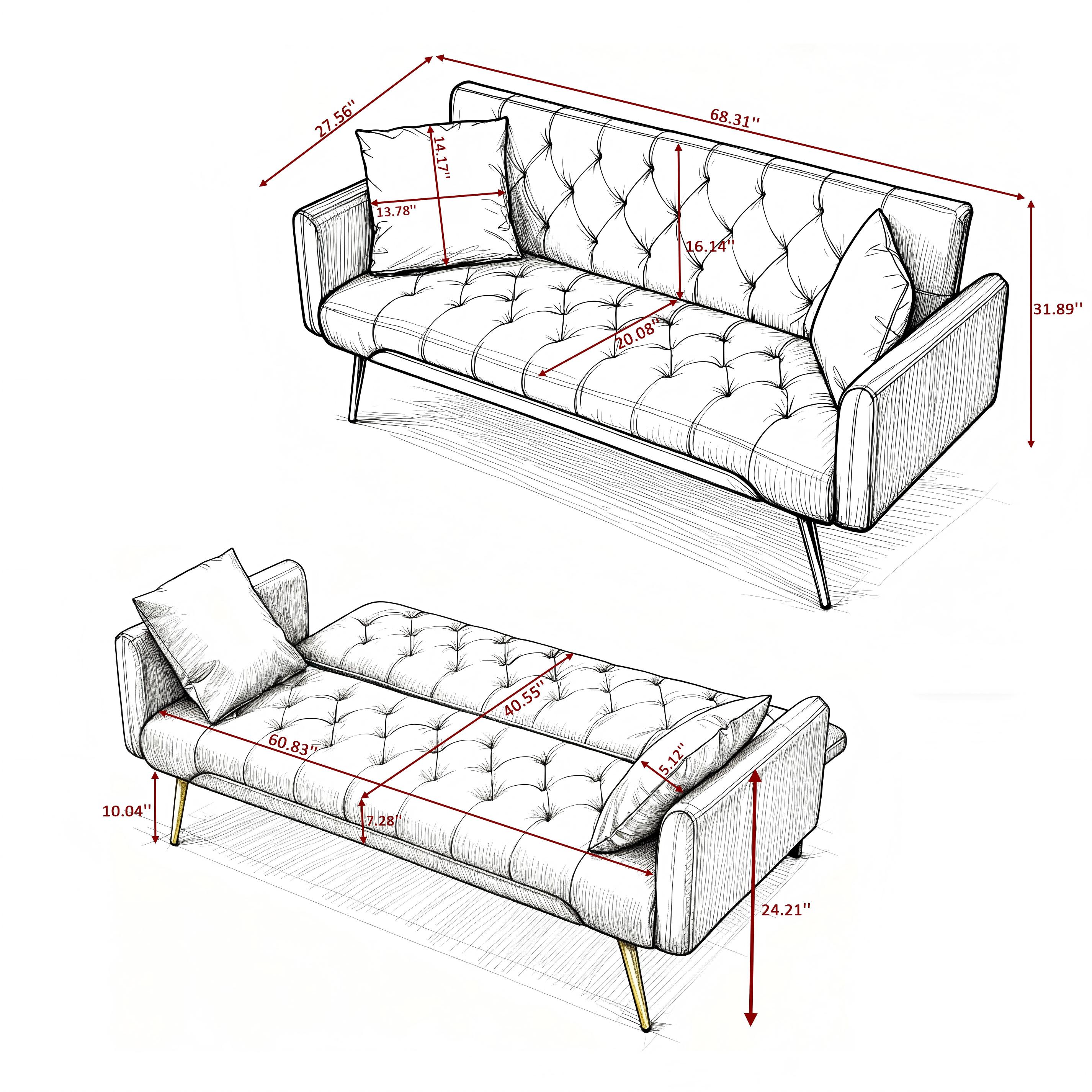 Gewnee Pink 68.31" Futon Sofa Bed, Solid Eucalyptus Wood Frame, Golden Metal Legs, 5 Adjustable Backrest, 2 Pillows for Home Office Guest Room