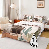 Homewish Rustic Highland Cattle Queen Sheet Sets,Country Western Cowgirl Flat Sheet,Retro Bull Skull Queen Fitted Sheet For Boys Girls,Breathable Home Decor,4pcs