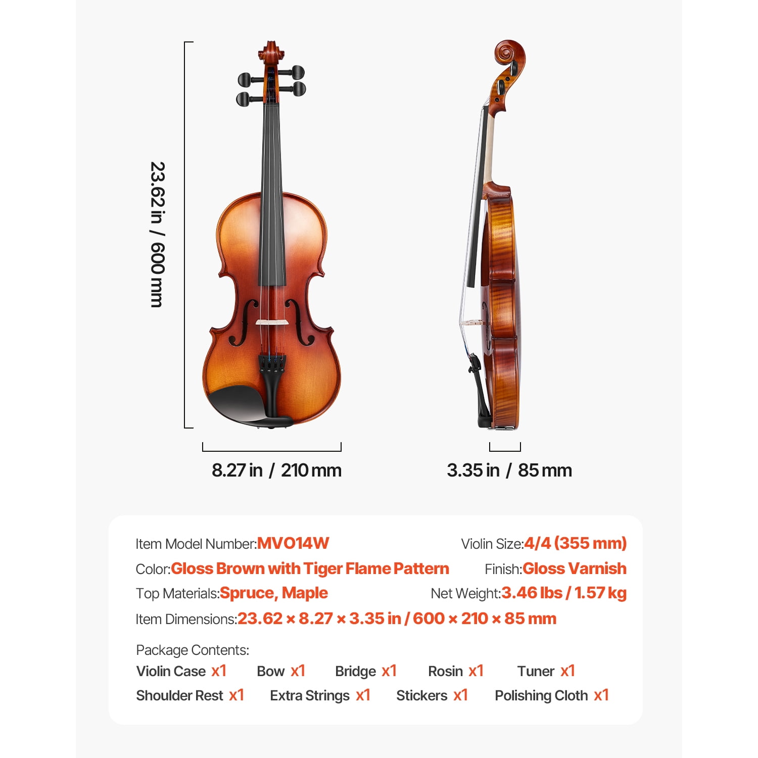 KFFKFF 4/4 Full-Size Violin for Adults, Complete Beginner Set with Case, Rosin, Bow, Shoulder Rest, Bridge, and Extra Strings, Solid Wood Instrument with Glossy Brown Finish