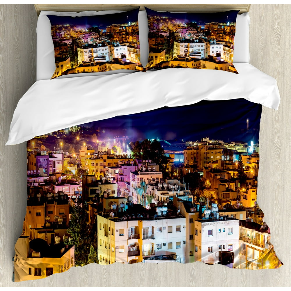 Cyprus Duvet Cover Set King Size, City Landscape Image at Night from