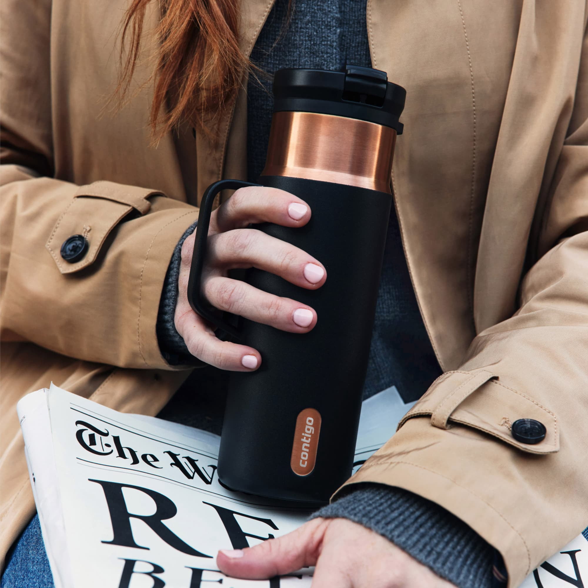 Contigo 20 oz Stainless Steel Travel Mug Tumbler – Leak-Proof Insulated Coffee Mug, Keeps Drinks Hot, Side Handle, Royal Blue/Champagne