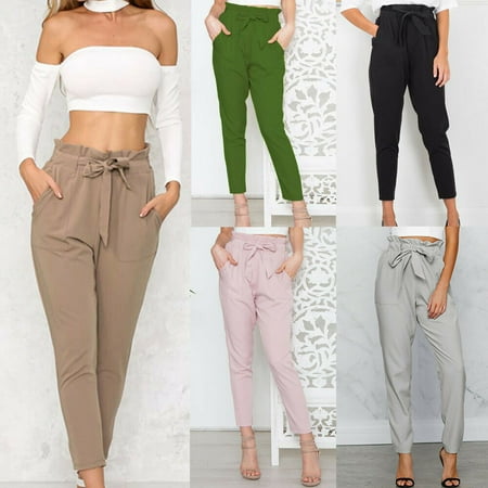 Grey Cropped Trousers - Women Elastic High Waisted Casual Chffion Harem Pants Cropped Length OL Trousers