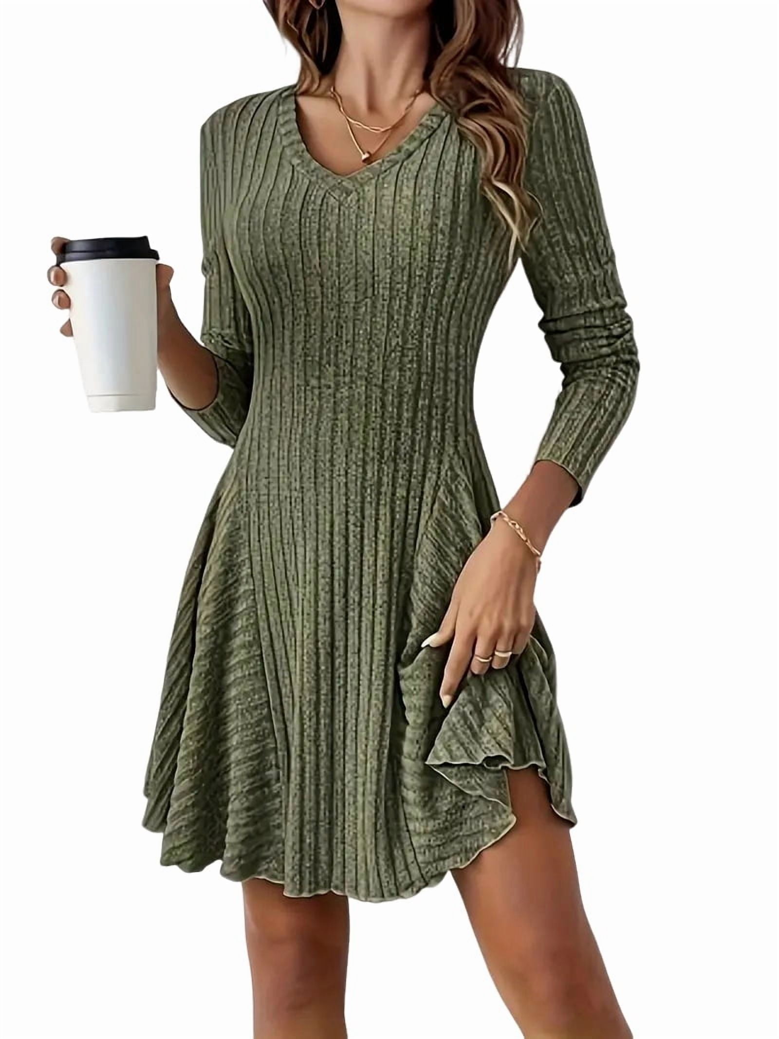 Women Long Sleeve Ribbed Knit Short Dresses Fall Winter V Neck Casual Swing A Line Sweater Dress Green M