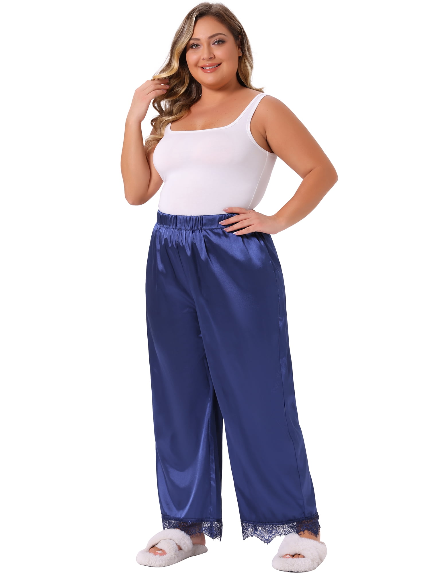 DARING DIVA Women's Plus Size Satin Lace Trim Elastic Sleepwear Pajama Pants 1X Royal Blue
