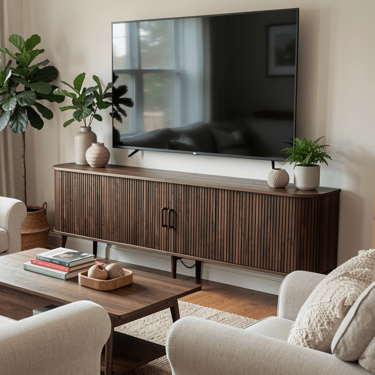 Homy Casa 70.87" TV Stand, Fluted Sliding Door Media Console with Storage, Brown