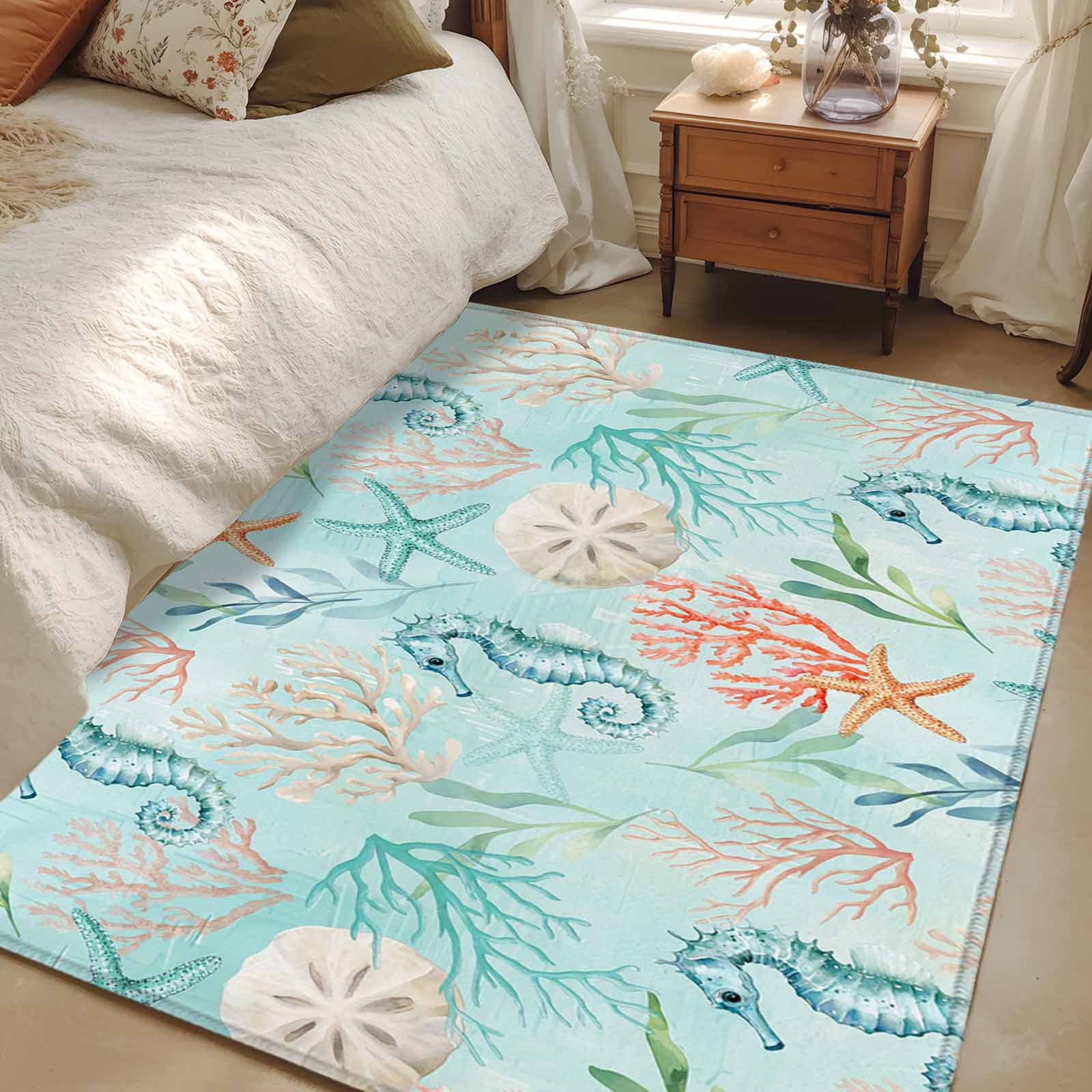 Area Rugs 2.7'x5', Teal Red Coastal Carpet for Living Room Bedroom Dining Room, Nautical Seahorse Beach Coral Starfish Throw Kitchen Rugs Non Slip Washable Rectangle Indoor Outdoor Rugs