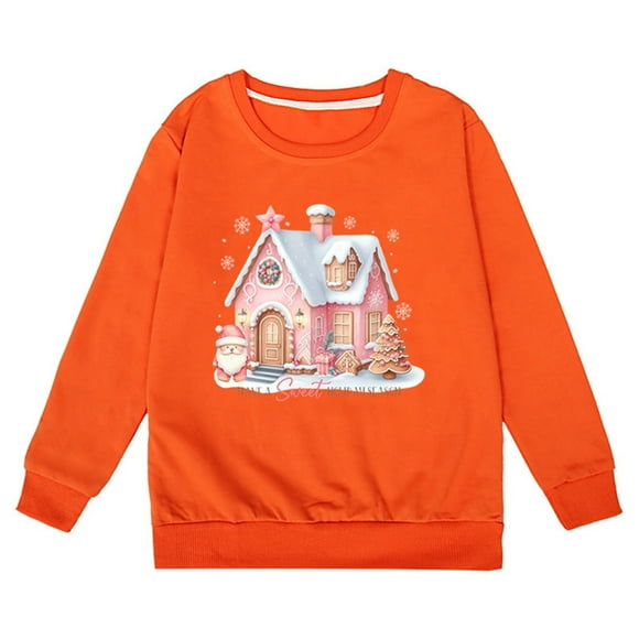 HIPYLO T-Shirts de Noël Assortis Chandail en Molleton de Noël Grande Taille T-Shirts de Noël Amusants Blouse Blanche Filles Chandail en Molleton Rose Fille Chandail en Molleton, Orange 18-24 Mois