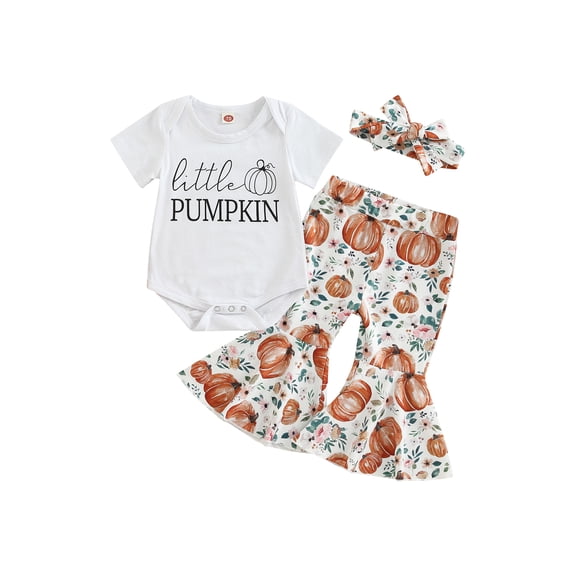 Halloween Newborn Baby Girls Outfits Short Sleeves Bodysuit Mamas/Little Pumpkin Bell Bottoms Headband Set Cute Clothes
