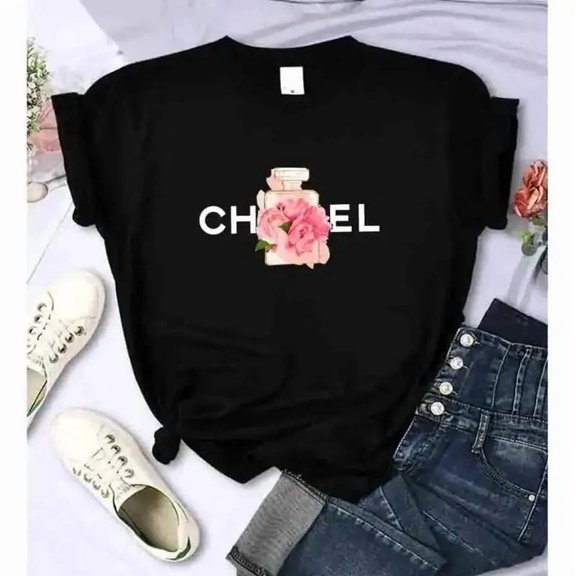 Women'S Summer Cotton T-Shirt Alphabet Flower Perfume Shirt Fashion Printed