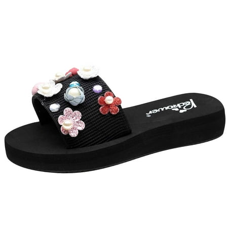

LoyisViDion Women Slide Sandals Flat Sandals for Women Women New Summer Pearl Flower Flip-flops Flat Beach Sandals Black 7(39)
