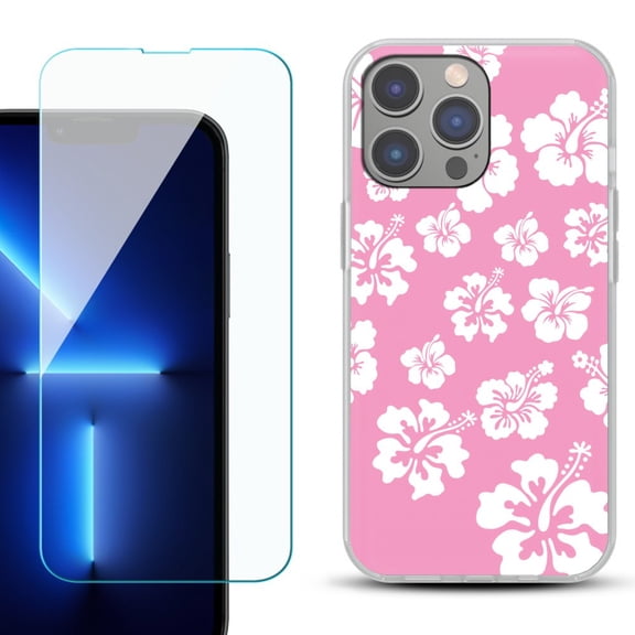 Slim-Fit Gel TPU Phone Case for iPhone 14 Pro Max, with Tempered Glass Screen Protector, by OneToughShield ® - Hibiscus Pink