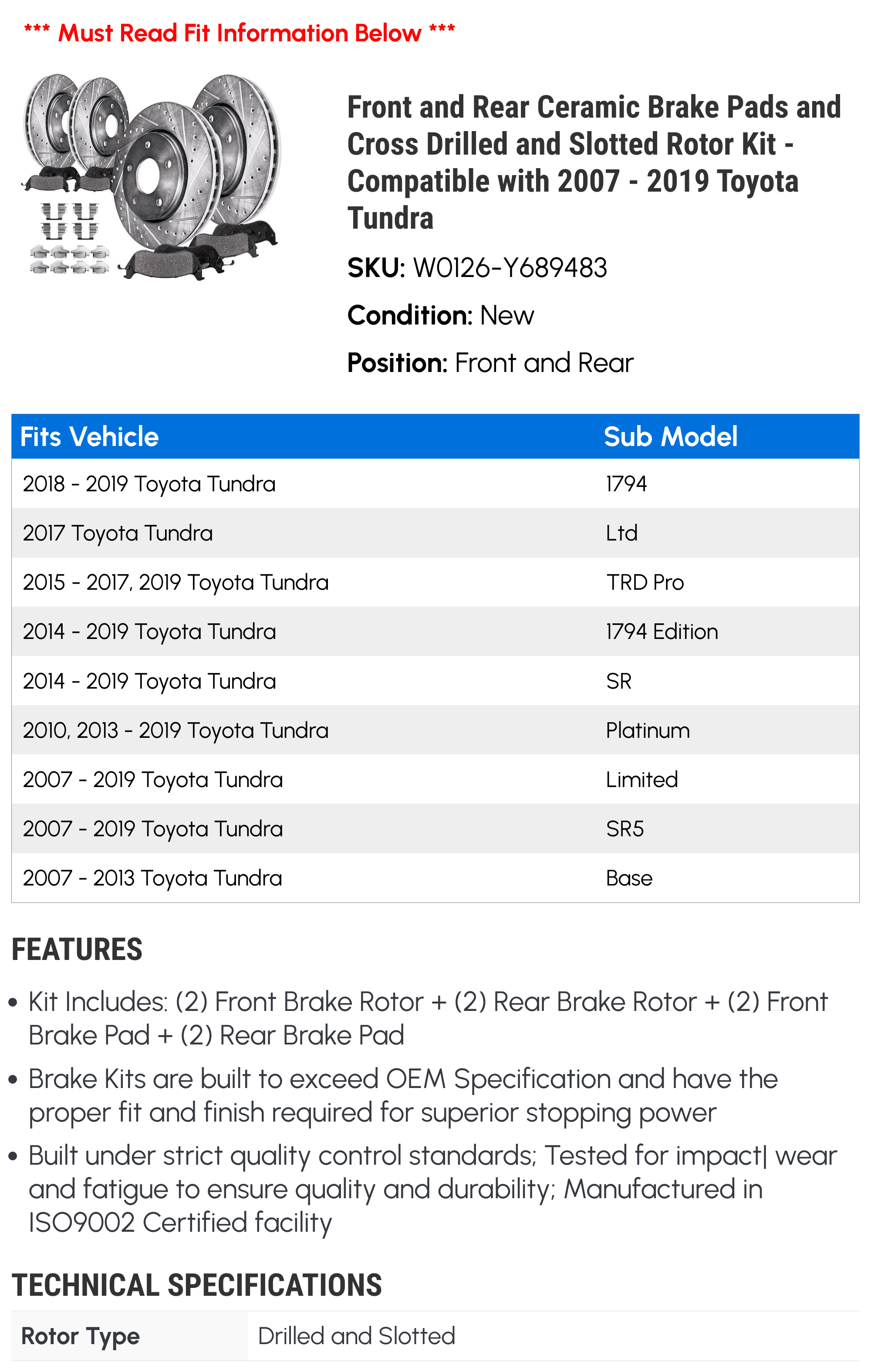 Front and Rear Ceramic Brake Pads and Cross Drilled and Slotted Rotor Kit - Compatible with 2007 - 2019 Toyota Tundra 2008 2009 2010 2011 2012 2013 2014 2015 2016 2017 2018