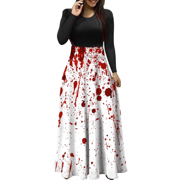 Vestido largo de manga larga con cuello redondo y estampado de Halloween para mujer Fridja yut2769
