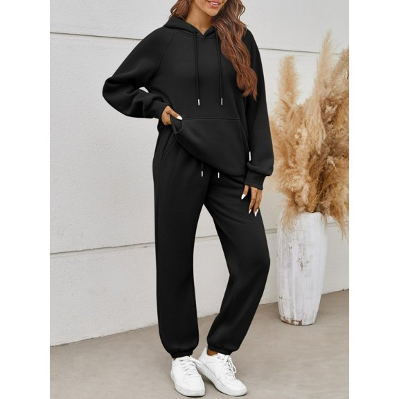 Wide Leg Sweatpants for Women 2 Piece Workout Set Long Sleeve Athletic Hoodies and Sweatpants with Front Pockets