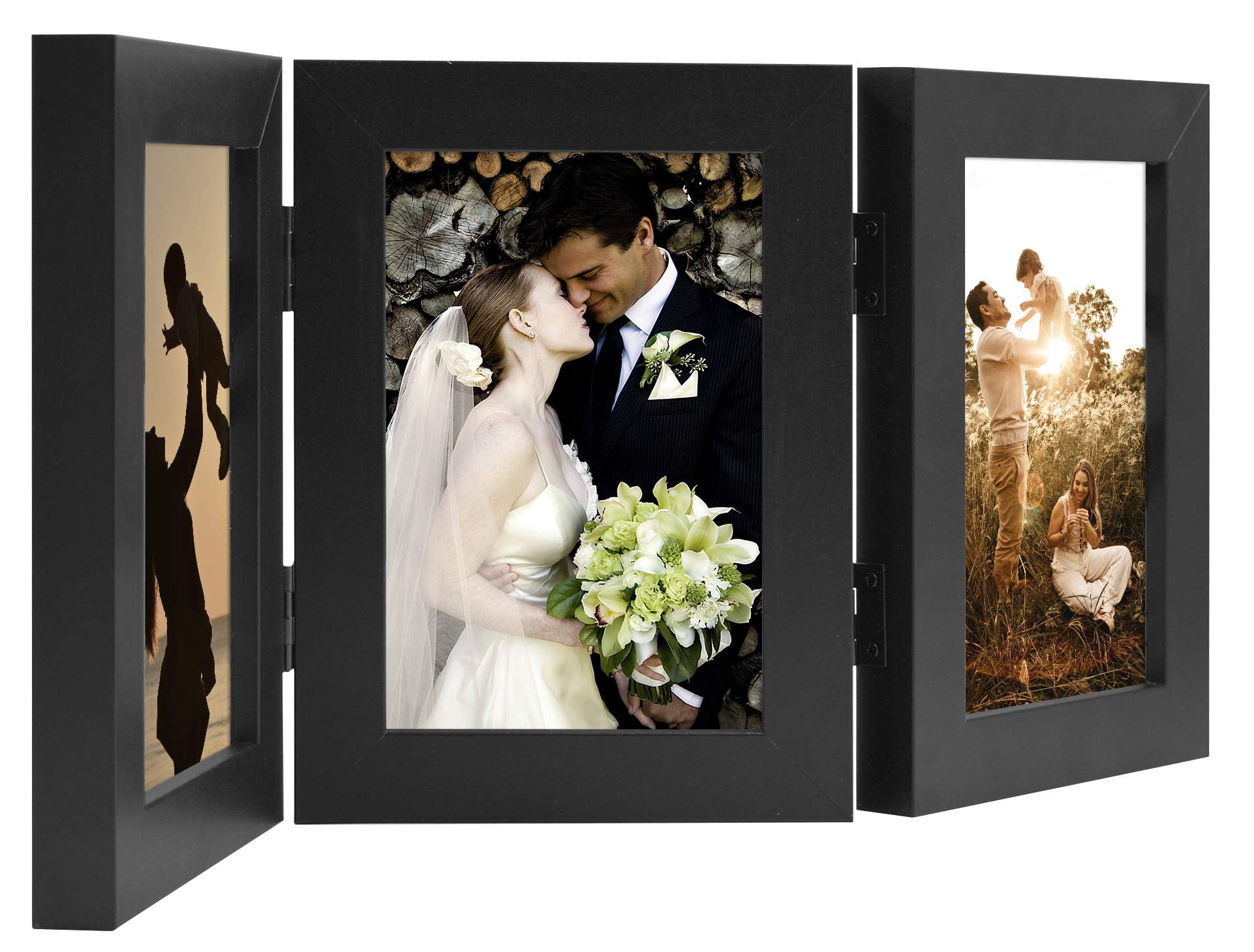 Golden State Art 3-Opening 4x6 Trifold Hinged Photo Frame with Real Glass, Black, 2-Pack