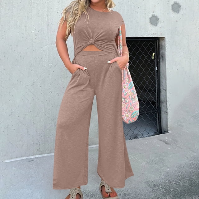 BEFOKA Pantalons Grande Taille pour Femmes, Pantalons d'Été en Solde pour Femmes, Combinaison Décontractée Sans Manches à Col Rond Taille Élastique pour Femmes