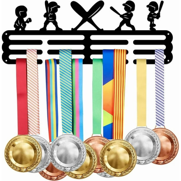 Exhibidor de medallas de béisbol, soporte para trofeos de béisbol, estante de pared metálico deportivo sin ganchos, para colgar más de 60 medallas.