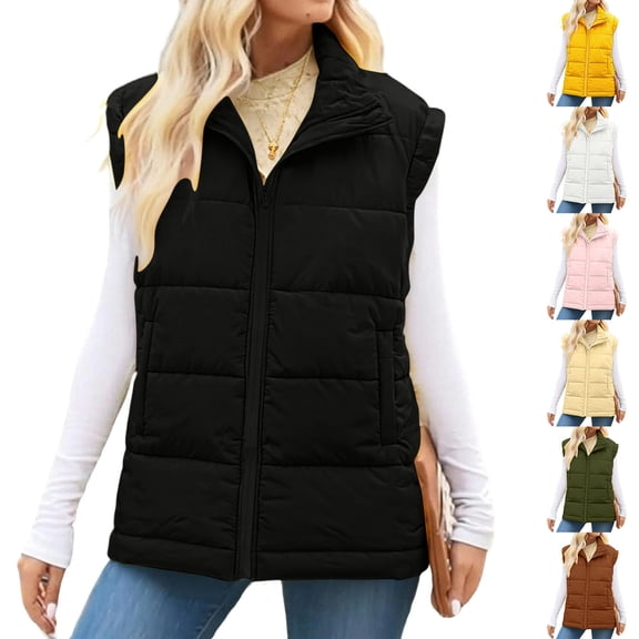 Xdegoge Lightweight Quilted Vest Women Full Zip Sleeveless Jackets Casual Loose Warm Vests Fall Winter Solid Color Cold Protection Outerwear with Pockets