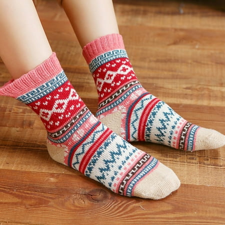 

5 Pairs Middle Cut Coldproof Girls Socks Ribbed Ankle Thick Knitted Ethnic Print Crew Socks for Autumn Winter