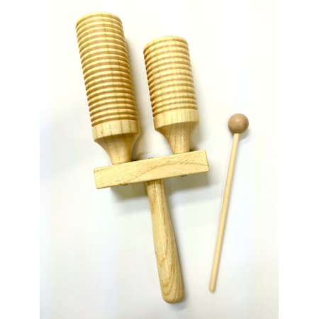 Double Wood Tone Block and Guiro with Mallet - High and low pitch percussion musical instrument