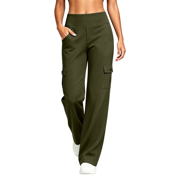 Inleife Women Solid Cargo Yoga Pants High Waist Flared Workout Trousers Multi Pockets Casual Daily Loungewear