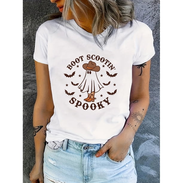 Women's "Boot Scootin' Spooky" Western Cowboy Graphic T-Shirt - Casual Crew Neck Short Sleeve Halloween Fashion Top with Boots, Hat & Bats Design, Halloween Clothes