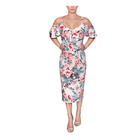 RACHEL RACHEL ROY Womens Pink Stretch Zippered Cold Shoulder Ruffled Slit Back Hem Floral Flutter Sleeve V Neck Midi Party Sheath Dress XS