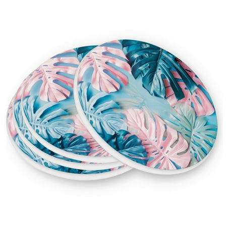

Round Coasters Modern Style Ceramic Coaster Waterproof and Durable Drink Coaster Coasters set of 4 Customizable Coasters 4pcs Pastel Monstera Leaves