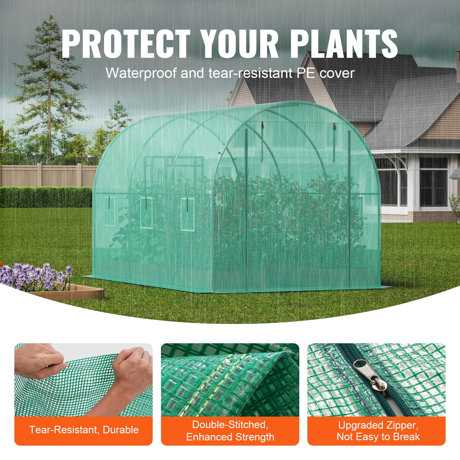 KFFKFF Walk-in Tunnel Greenhouse, 12x7x7 ft, Featuring a Durable Galvanized Steel Frame and Green PE Covering, Equipped with a Roll-up Zipper Door and 6 Ventilation Windows