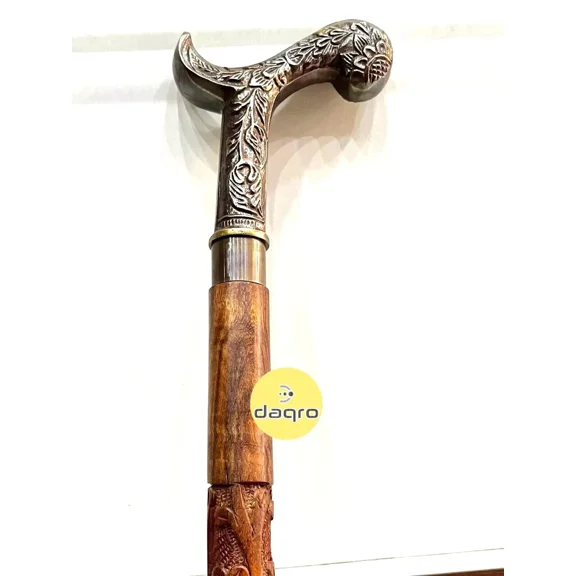 Vintage Wooden Walking Cane with Antique Brass Victorian-Inspired Designer Handle Collectible Stick for Gifting, Costume Accessories