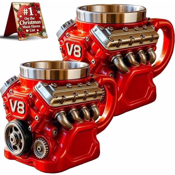 Retro Engine Coffee Mug, V8 Engines Stainless Steel Cup, Personalized Double Wall Insulation Car Mug with Handle Perfect for Father's Day, Christmas, Husband, Mechanic, Car Enthusiast