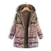 PETMOKO Women Winter Coat Printed Hooded Pockets Warm Fleece Floral Button Coat Jacket