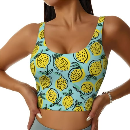 Xecao Lemon for Sports Bra with Removable Pads  Crop Tank Top Design  Women s Longline Sports Bra - Non-Wired - Small