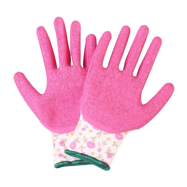 Women Gloves Work Printed Polyester Shell Pink Latex Crinkle Coating Work Safety Gloves For Work Protective ,Wide Use