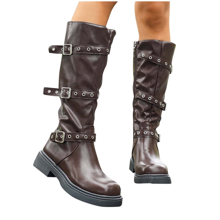 HAOTAGS Womens Long Boots, Spring Fall Casual Belt Buckle Trendy