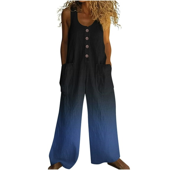Hvot&aat Women's Cotton Linen Ombre Jumpsuits Button Down Sleeveless Casual Jumpers Loose Wide Legs Overalls