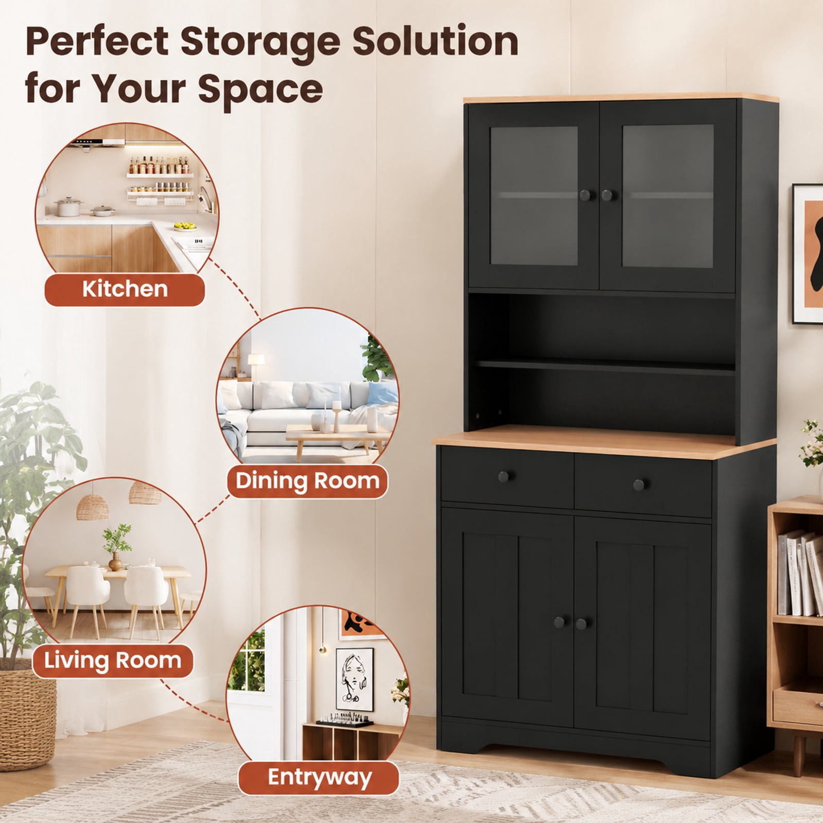 Furnibear Tall Kitchen Pantry Cabinet with Glass Doors 2 Drawers Adjustable Shelves and Countertop Freestanding Storage Cabinet for Kitchen, Black
