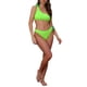 thumbnail image 2 of Conjuntos de bikini de una sola manga con flores en 3D para mujer, traje de baño asimétrico de 2 piezas en verde fluorescente medio, 2 of 5