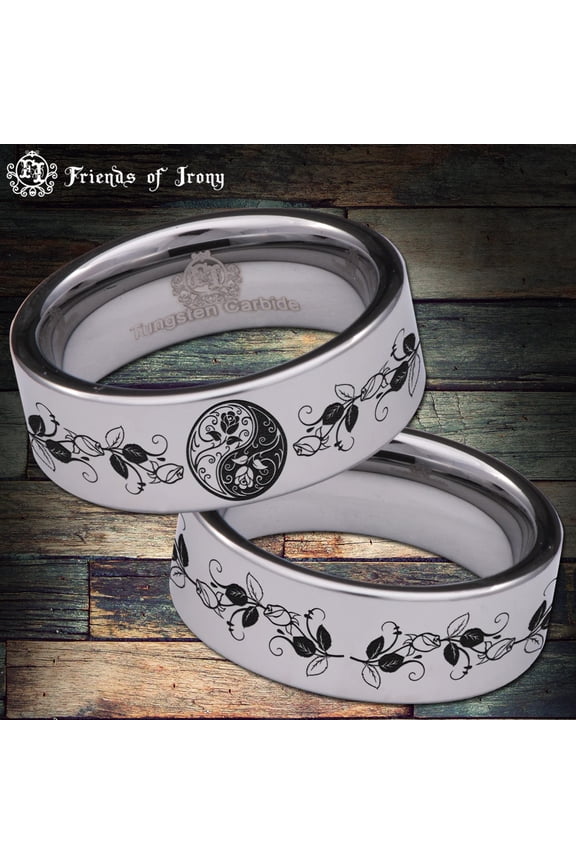 Floral Yin Yang Tungsten Carbide Ring