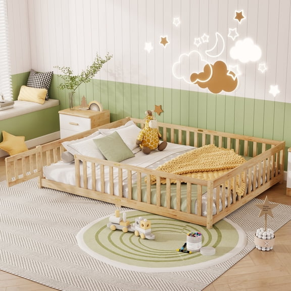 Jopath Queen Size Floor Bed Frame,Montessori Bed with Guardrails and Door,Rubber Wood Floor Bed with Slatted Base,for Kids,Boys,Girls Natural